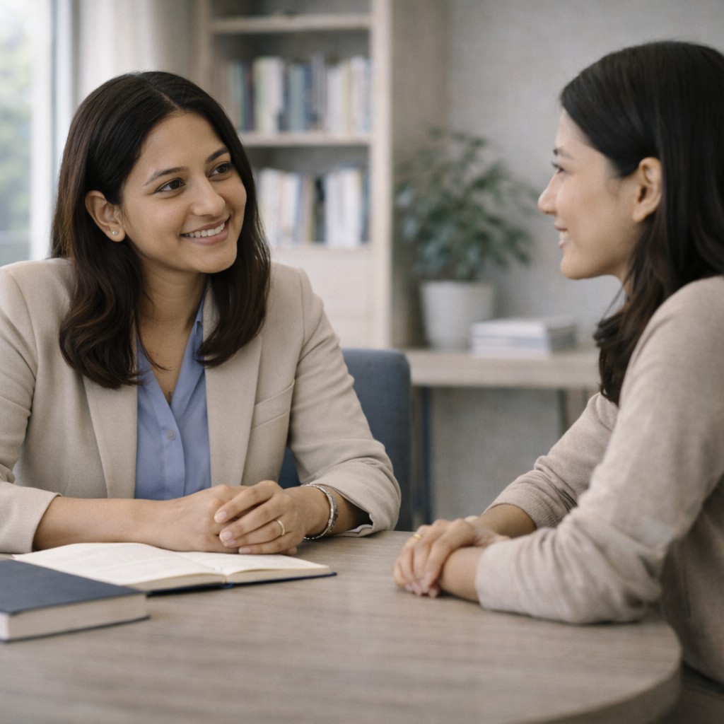 Conseiller et étudiant en conversation